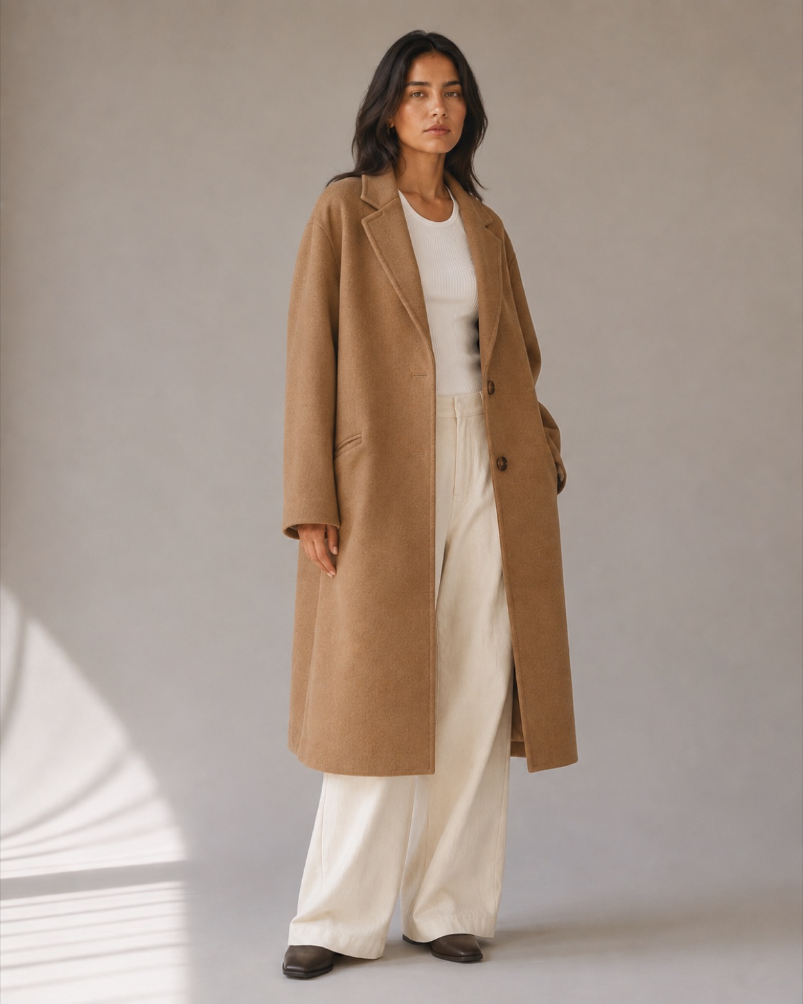 Marlow Wool Overcoat in camel, worn by a model
